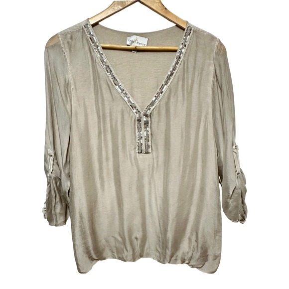 belle france Tops - Belle France Blouse Womens M Silk Blend Sequin V-Neck Champagne Shimmer Luxury